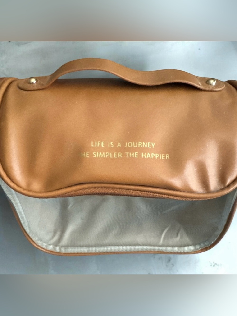 Brown Faux Leather Travel Toiletry Bag with Quote
